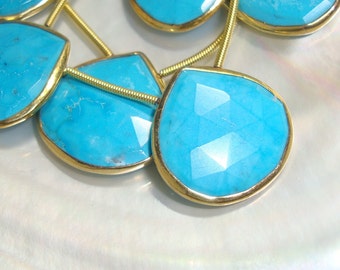 Blue Turquoise Faceted Heart Briolette Vermeil Sterling Silver Bezel Rim Connector Pendant, 19-20mm, Full strand - 8 pcs
