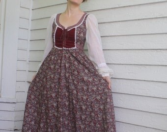 70s Gunne Sax Dress Red Print Long Maxi Prairie Full Corset Vintage 7 XS