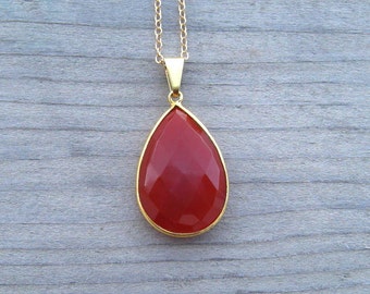Carnelian Necklace Bezel Set In 24 K Gold Vermeil, Red Carnelian Pendant, Large Natural Stone, Carnelian Jewelry