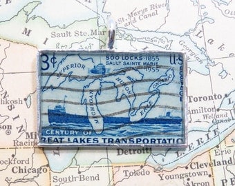Vintage Great Lakes Transportation United States 3 Cent Postage Stamp Necklace Pendant Key Ring