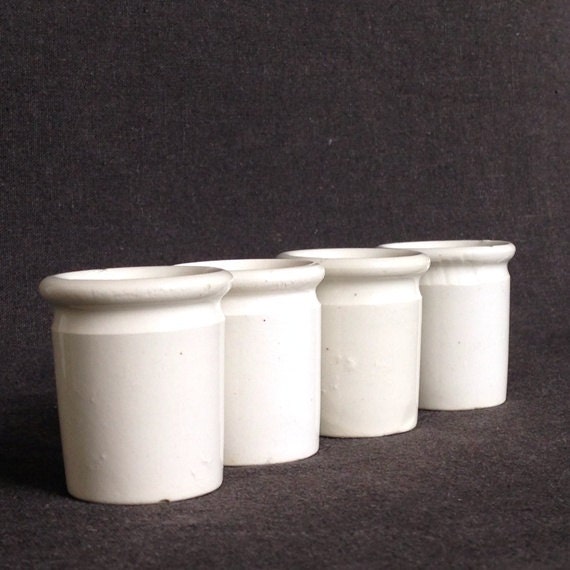 Four white vintage laboratory scientist porcelain cups. Set of rescued