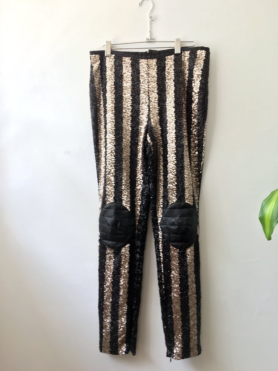 Sequined Leggings with Faux Leather Knees Medium
