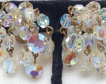 Crystal Bead Earrings // Aurora Borealis // Clip // Vintage