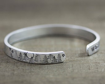 Hand Stamped Cuff Bracelet - Wanderlust Bracelet - Mountain Jewelry - Gifts for Women Friends - Boho Bracelet - Best Friend Birthday Gift