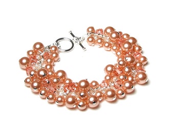 Pink Peach Swarovski Crystal & Pearl Cluster Charm Bracelet, Spring Jewelry, Wedding, Bridal Fashion, Bridesmaid Gifts, Silver Bead Bracelet
