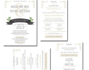 Modern Ivory and Charcoal Wedding Invitation Set, Neutral Colors, Succulents, Tiered Reply Card, Schedule of Events Travel and Other Info