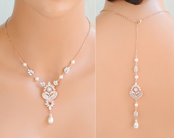 Back Drop Bridal Necklace, Rose Gold Backdrop Necklace, Swarovski Pearl Necklace, Back Necklace, Flower Leaf Necklace, Bridal Jewelry, EZMAE