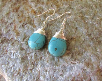 Turquoise Earrings smooth magnesite teardrop gemstone silver wire wrapped