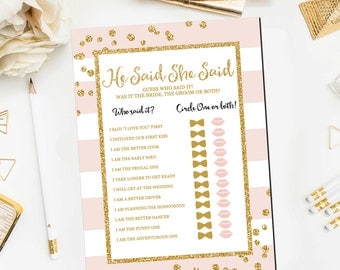He Said She Said Bridal Shower Game, Pink and Gold Bridal Printable Gold Pink He Said She Said Bridal Shower Game Instant Download BR12