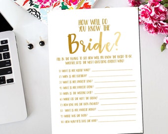 How Well Do You Know The Bride and Groom Printable Card, Printable Gold White Bridal Shower Game Who Knows the Bride Best Game BR16