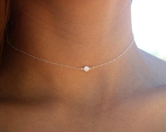 Sterling Silver Crystal Choker Necklace, Sterling Silver Choker Necklace with Stone, Small Solitaire Necklace Dainty Silver Crystal Necklace