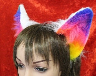 Flexi Rainbow Party Cat Ear Headband - Neko Kitty Ears Poseable - great for furries fursuits gijinka festival - rainbow black white grey & c