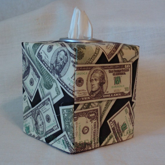 Tissue Box with Money Fabric Cover by AcornCottageStudio on Etsy