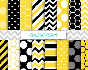 Yellow and Black Bumble Bee Printable Digital Paper Pack with Honeycombs, Stripes and Dots for Personal and Small Commercial Use (0018)