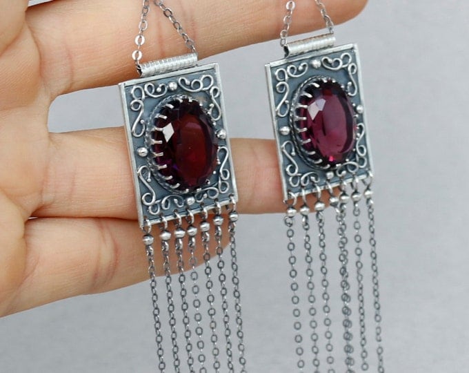 Chain earrings rectangular earrings burgundy earrings antique earrings Garnet jewelry Quartz Rhodolite Red Boho Earrings Sterling Silver
