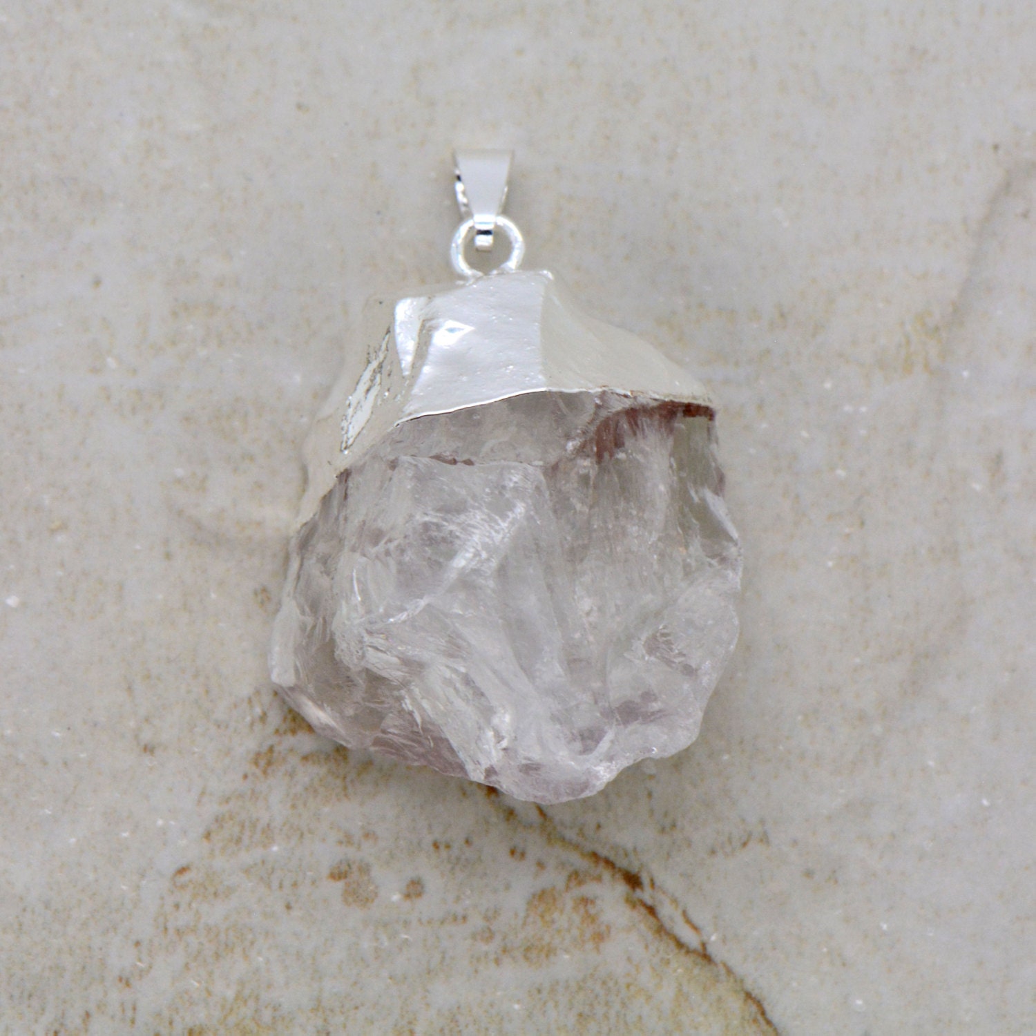 Crystal Quartz Nugget Pendant Dipped Sterling SILVER Plating