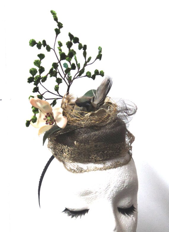 Birds Nest Pillbox Hat with Sparrow Dog Rose and by sowsearstudio1