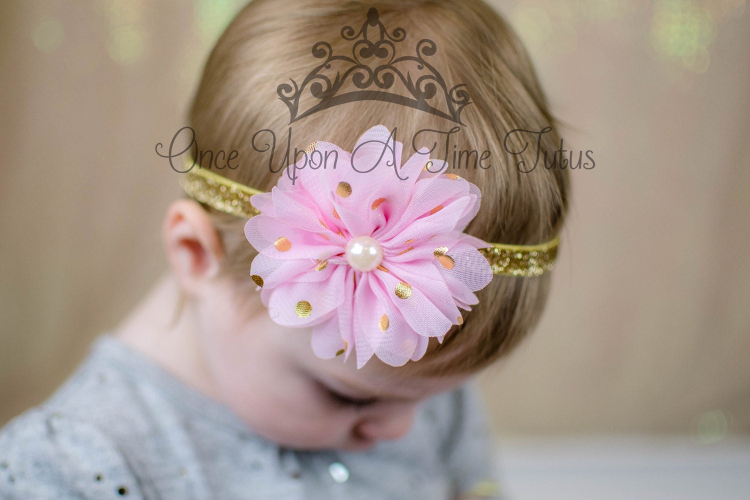 Light Pink Gold Sparkly Headband Hair Bow Little Girl's