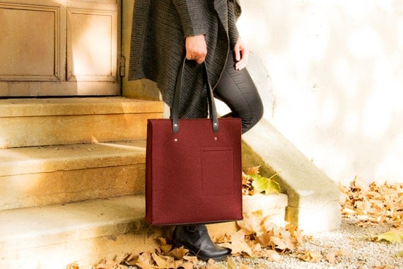 40% OFF - Felt TOTE BAG with leather straps / wool felt / maroon felt / burgundy bag / felt bag / wool felt bag / handmade / made in Italy