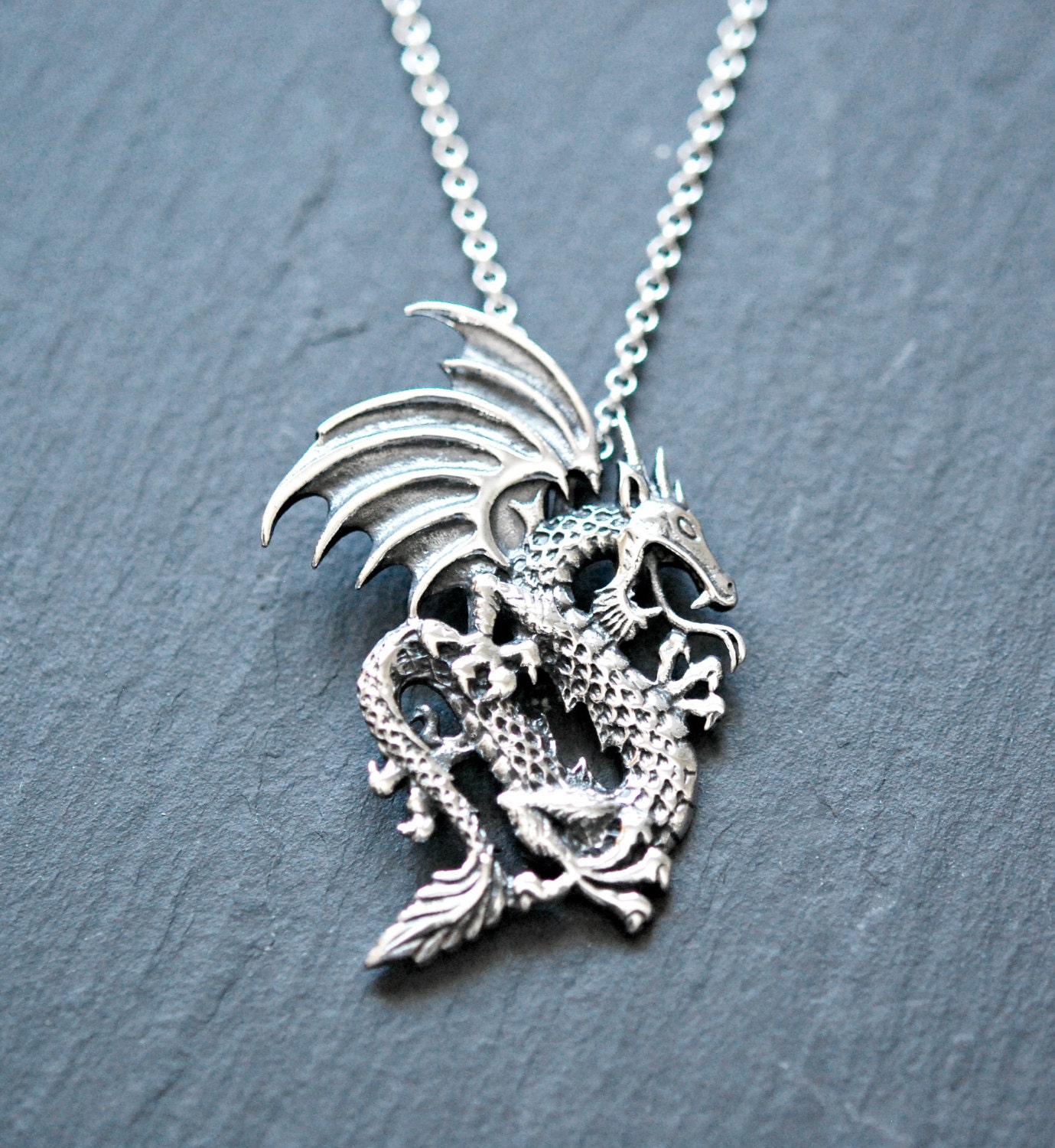 Dragon necklace sterling silver dragon large winged dragon