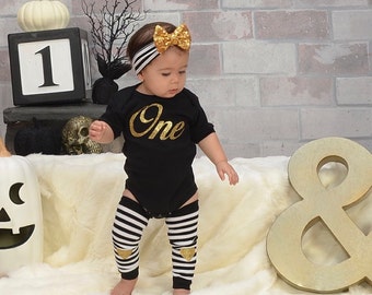 1st Birthday Girl Outfit First Birthday Girl Clothing Black Gold One Gold Sequin Bow Headband Gold Heart Leg Warmers Baby Girl Clothes