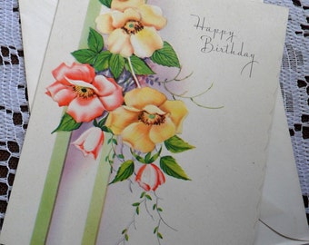 Vintage Happy Birthday Embossed Trailing Red Yellow Dogwood Wild Roses Flowers Greeting Card & Envelope 1940s 1950s Unused USA