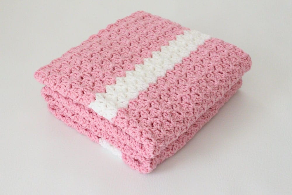 Crochet Baby Blanket Pink & White Stripe Afghan Crib Blanket