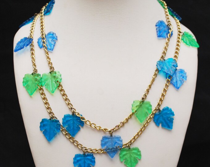 Blue Green Leaf Necklace Lucite grape leaf on gold tone chain