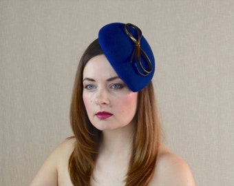 Blue Wool Felt Teardrop Pillbox Hat Fascinator with Blue and Gold Leather Ribbon Bow - Blue and Gold Fascinator - Blue and Gold Teardrop Hat