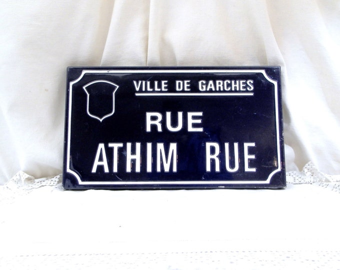 Vintage French Embossed Blue and White Enamel Metal Street Sign "Athim Rue" Street in the Town of Garches near Paris, Porcelain Sign France