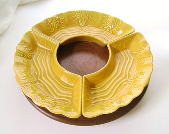Mid Century, California Pottery, Lazy Susan, Retro Serving, Harvest Gold, Chip and Dip, CALIF USA, Party Tray, Snack Tray, Turntable
