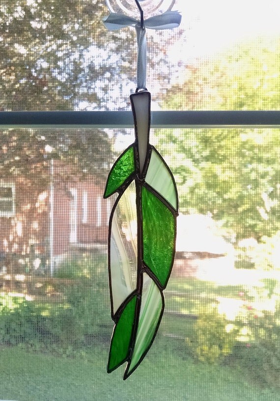 Green Stained Glass Feather Suncatcher Boho Decor Indian