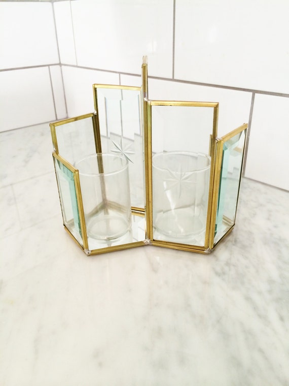 Glass Brass Votive Holder Mid Century Brass Etched by Comforte