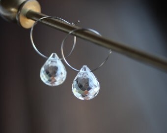Rock Crystal Drop Titanium Hoop Earrings, Clear Quartz Jewelry, Hypoallergenic Earrings, Semi Precious Gemstone
