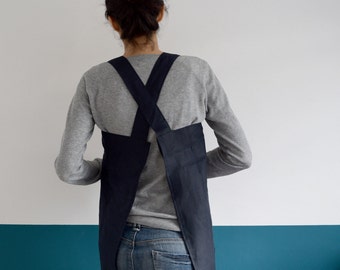 LINEN APRON BLUE. Japanese style. Cross Apron. Simple squared design for Kitchen. Natural Linen blue Smock. Pinafore. Aprons Handmade