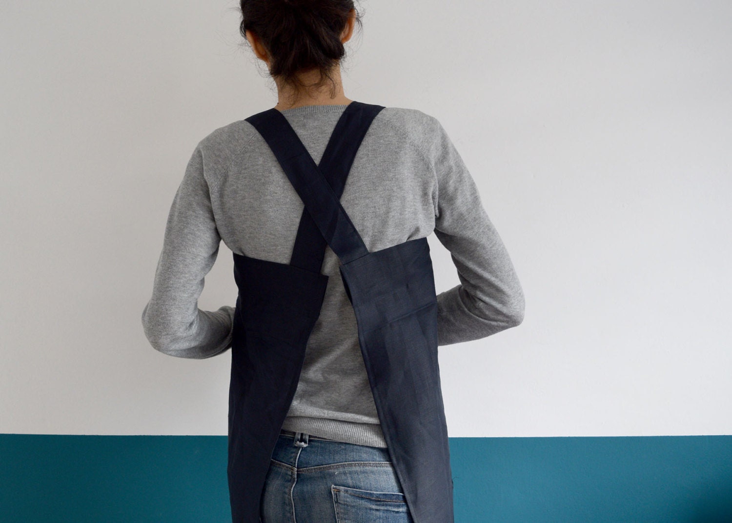 LINEN BLUE APRON Japanese style. Cross Apron. Simple squared
