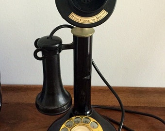 Vintage Candlestick Telephone - Repro from 1975, Made in Japan by Fold-a-Fone Inc, Brass and Black Bakelite w/ Rotary Dial