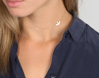 Soar Choker Necklace, Dainty Choker Necklace, Delicate Bird Necklace, 14k Gold Fill, Sterling Silver or Rose Gold / Layered + Long LN_115_aj