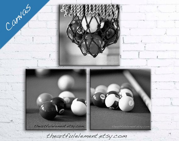Billiards decor canvas, Pool table decor, Pool room decor, Black and white art, Set of 3, Fathers day gift, Game room / Billiards Canvas Set