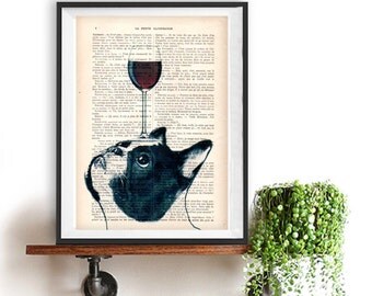 French Bulldog Print, Bulldog with wine glass, French design, black and white,bulldog poster Art Print on recycled french book page