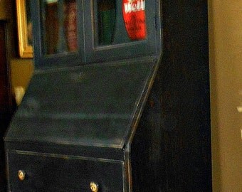 Antique Bookcase Desk - Distressed Flat Black with Decoupaged Pulls - LOCAL P/U ONLY