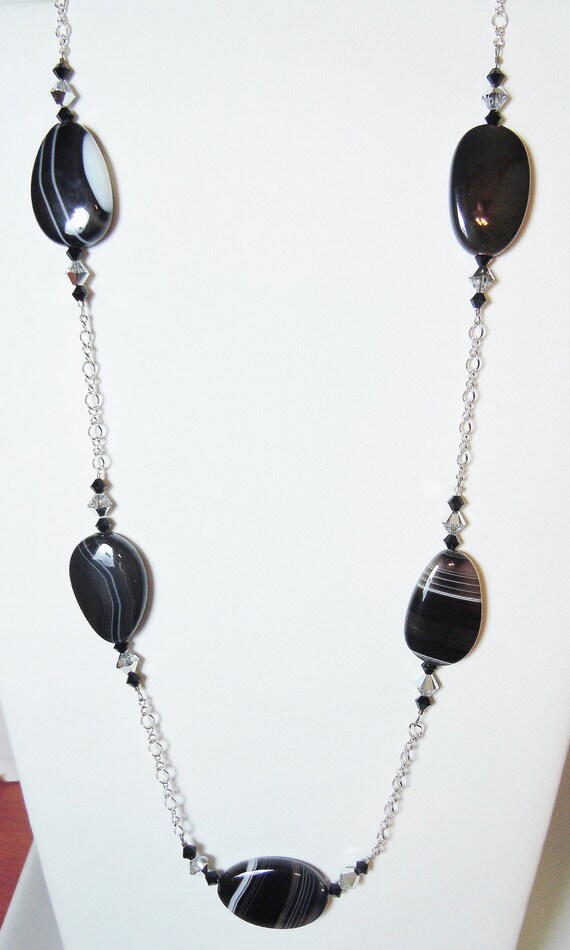 Swarovski Crystal Beads and Black Agate Gemstone Beaded