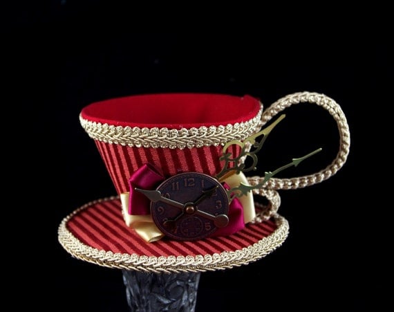 Dark Red and Toffee Striped with Clock Face and Clock Hands Tea Cup Fascinator Hat, Alice in Wonderland Mad Hatter Tea Party, Derby Hat by TheWeeHatter steampunk buy now online Dark Red and Toffee Striped with Clock Face and Clock Hands Tea Cup Fascinator Hat, Alice in Wonderland Mad Hatter Tea Party, Derby Hat by TheWeeHatter steampunk buy now online