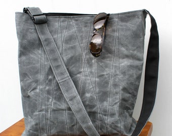 Grey Waxed Canvas Tote Bag with Adjustable Strap