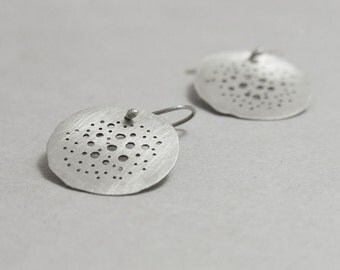 Boho Round disc earrings, organic dangle earrings with holes, circle minimalist earrings, gift for her, nature lover, seeds,sterling silver