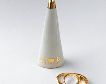 Personalized Ring Cone - White and Gold Ring Holder, Valentine's Day, Anniversary, Engagement Bridesmaid Gift, Wedding Favor