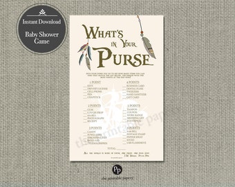 Printable "What's in Your Purse" Baby Shower Game | Peter Pan | Feathers Arrows Neverland Theme Typography | Instant Download | NVR-133D