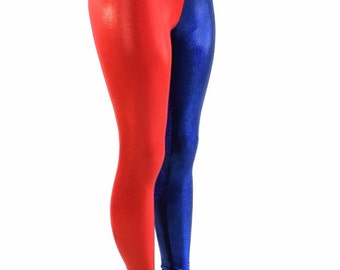 Red & Blue Metallic Harlequin High Waist Spandex Leggings Harley Quinn Cosplay 152116