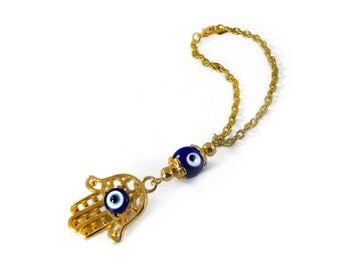 Rearview Car Mirror Charm, Hamsa Hand Hanging, Car Dangler, Gold Tone Evil Eye Car Charm, Car Mirror Hanger, Car Decor, Car Travel Charm
