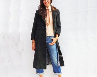 Long Wool Coat, Grey Vintage 80s Double Breasted Wool & Cashmere Coat, Faux Fur Collar, Women Winter Coat, Wool Double Breasted Warm Coat